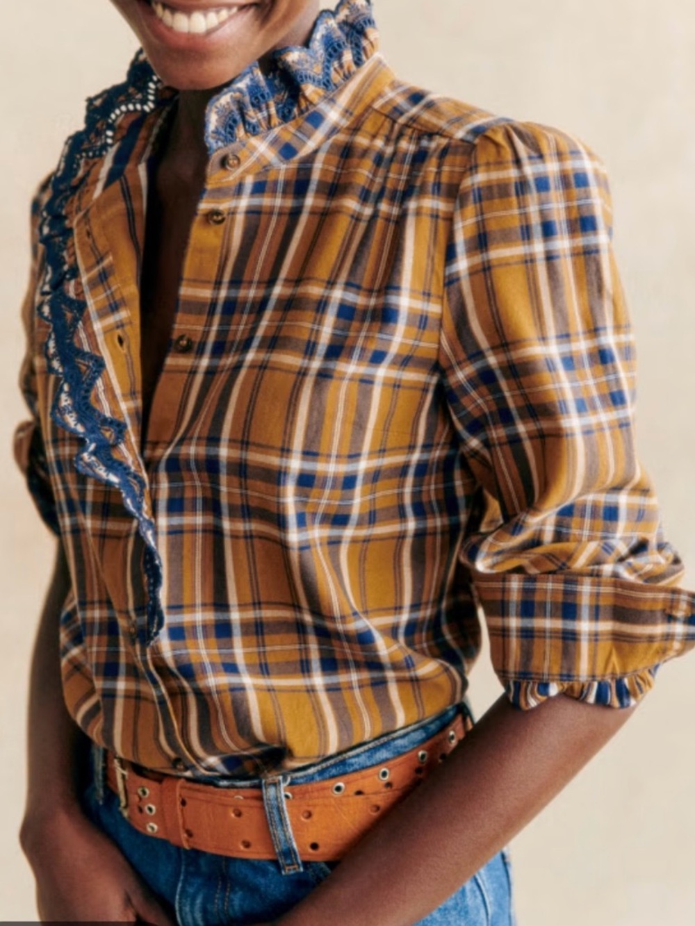 Sezane Chlo Mustard Plaid Button-Up Shirt with Lace Trim